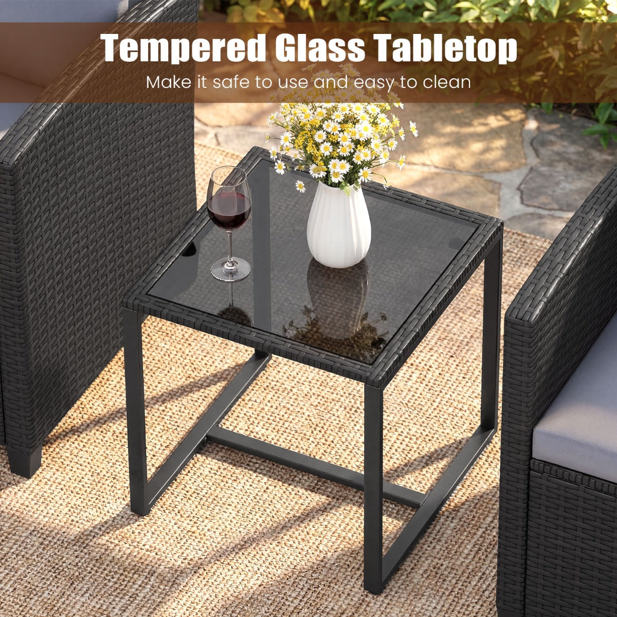 LIVSK 3-Delige Tuinmeubelset - PE-Rotan en Metaal - Comfortabele Stoelen - Verstelbare Tafel - Zwart
