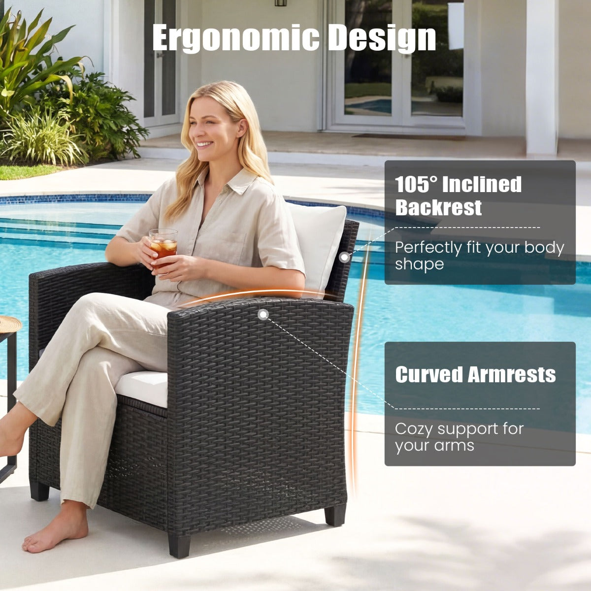 LIVSK 3-Delige Tuinmeubelset - Weerbestendig PE-Rotan - Comfortabele Stoelen - Elegante Salontafel - Zwart