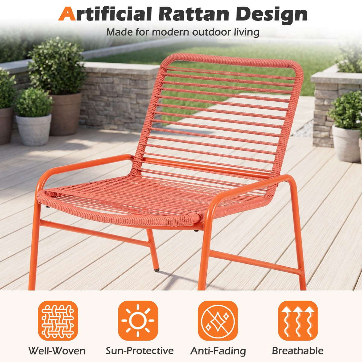 LIVSK 3-Delige Tuinset - Ergonomisch Zitcomfort - Stabiele Metalen Frame - Praktische Bijzettafel - Oranje