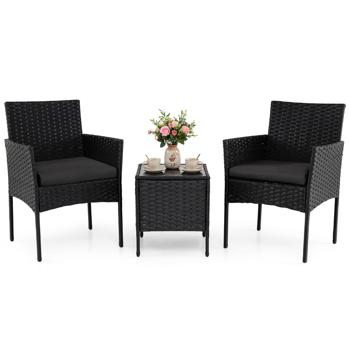 LIVSK 3-Delige Tuinset - Handgemaakt Rotan - Ergonomisch Ontwerp - Wasbare Kussens - Voor 4 Personen - Grijs