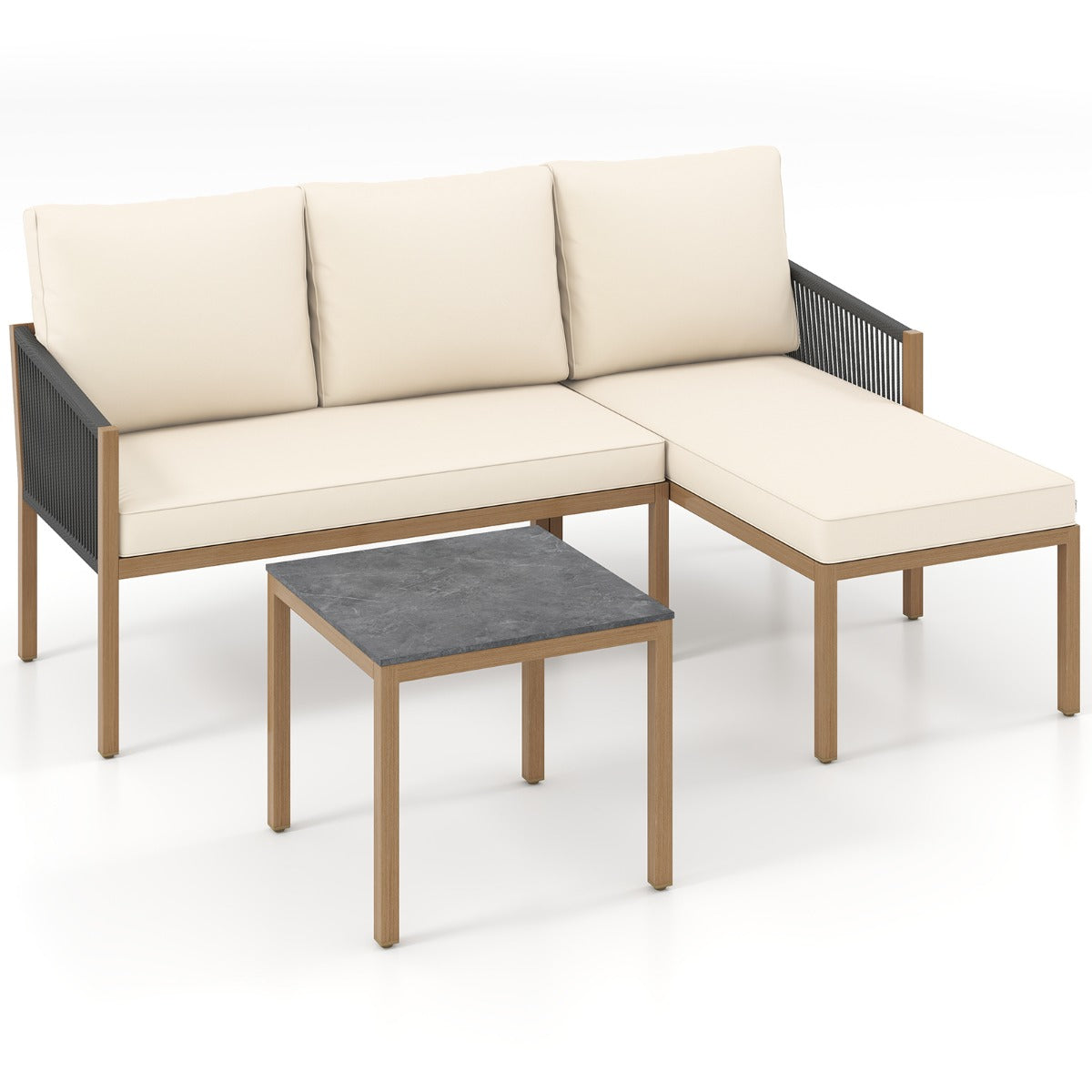 LIVSK 3-delige Tuinset - Handgeweven Touw - Luxe Comfortkussens - Stijlvolle Salontafel - Ideaal voor Balkon - Beige