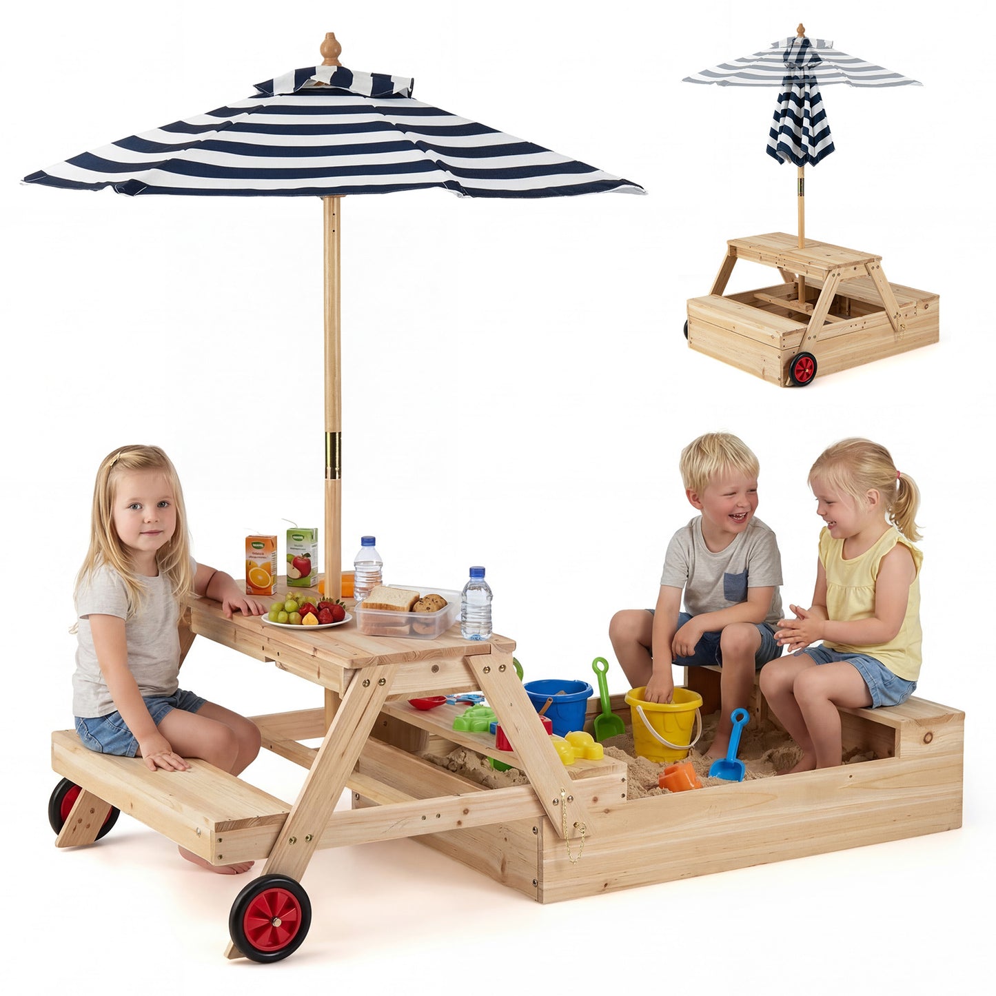 LIVSK 3-in-1 Kinderspeelset - Zandbak, Picknicktafel & Verstelbare Parasol - Ruimtebesparend Ontwerp - Natuurlijk, Blauw, Wit