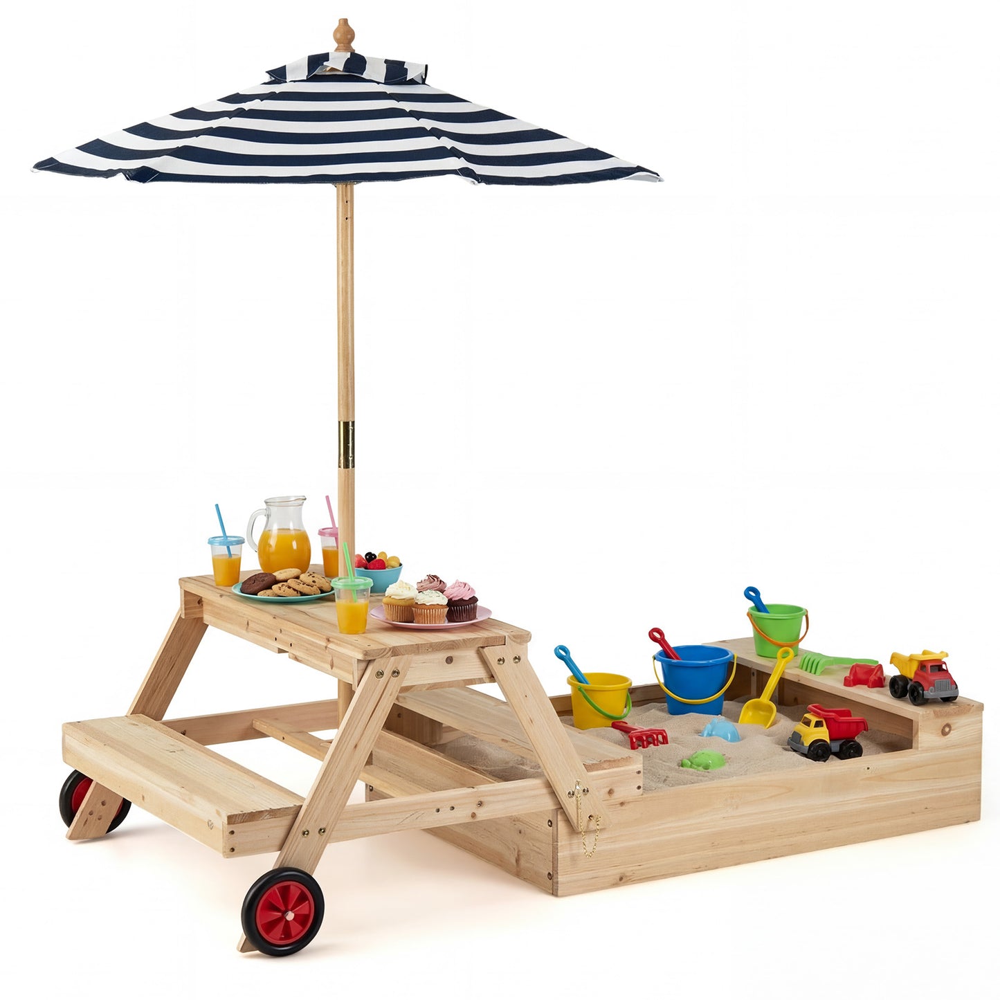 LIVSK 3-in-1 Kinderspeelset - Zandbak, Picknicktafel & Verstelbare Parasol - Ruimtebesparend Ontwerp - Natuurlijk, Blauw, Wit