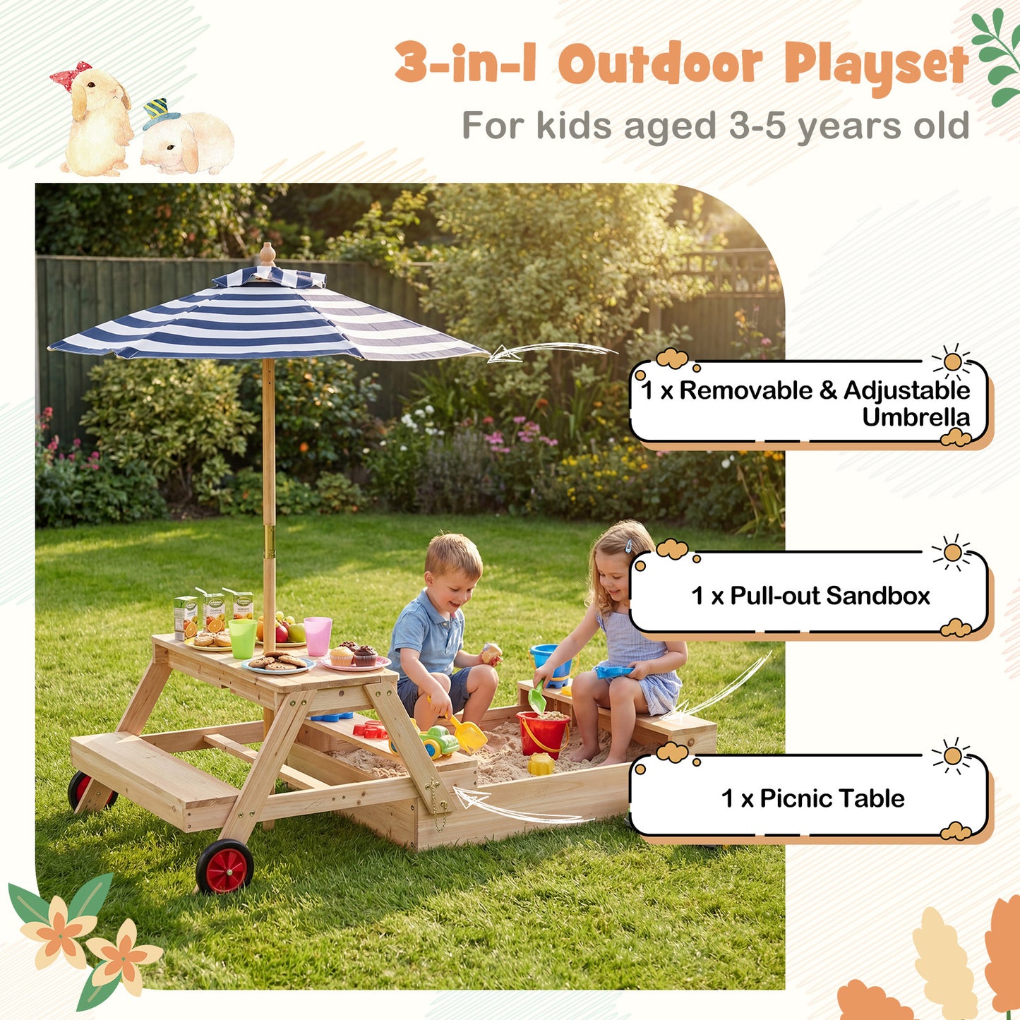 LIVSK 3-in-1 Kinderspeelset - Zandbak, Picknicktafel & Verstelbare Parasol - Ruimtebesparend Ontwerp - Natuurlijk, Blauw, Wit