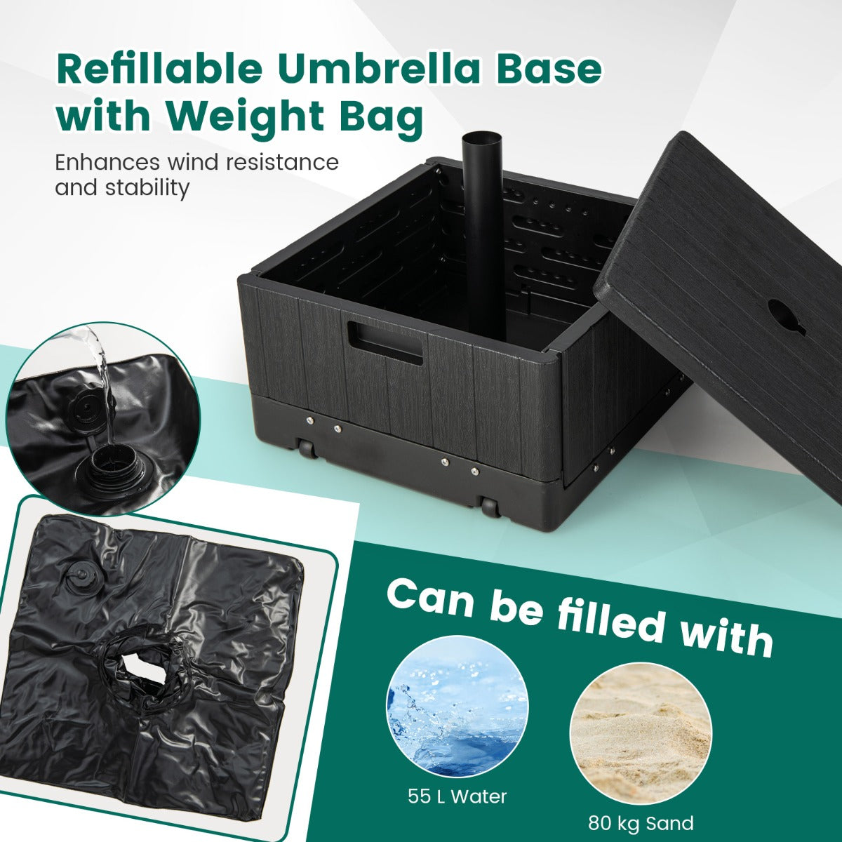 LIVSK 3-in-1 Paraplubak - Multifunctioneel Ontwerp - HDPE & Metaal - Met Wielen en Handgrepen - Geschikt voor 38/48 mm Parasols -