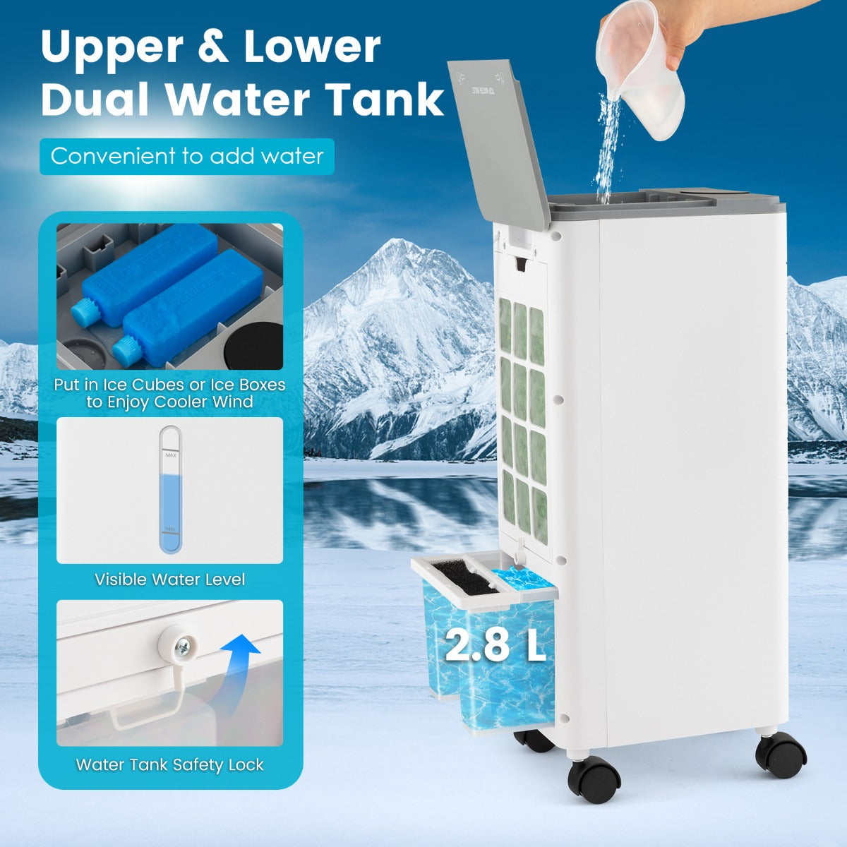 LIVSK 3-in-1 Verdampingsluchtkoeler - Draagbaar - 2,8L Watertank - Afstandsbediening - Stil - Wit