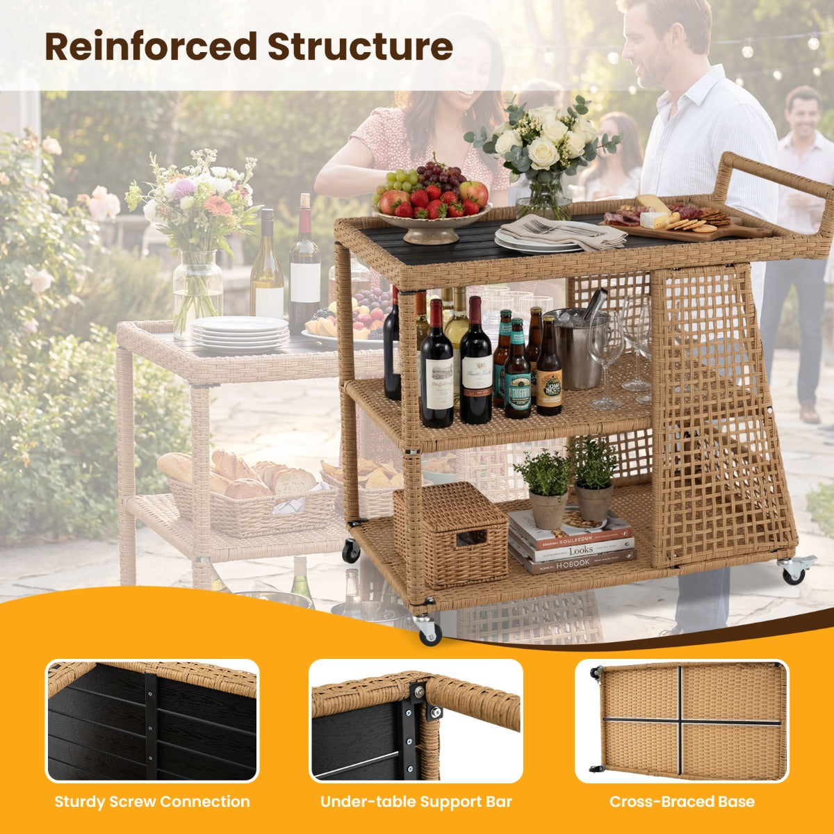 LIVSK 3-laags Serveertrolley - Weerbestendig PE-rotan - 30 kg per Niveau - 4 Wieltjes met Rem - Naturel