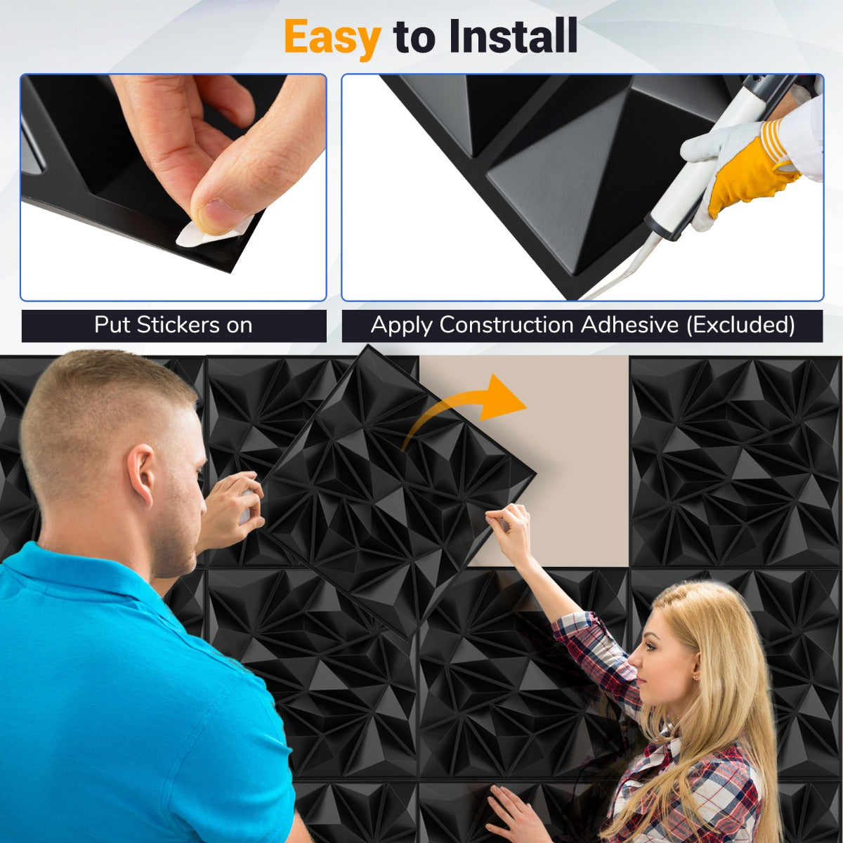 LIVSK 3D Wandpanelen - Diamant Patroon - Set van 40 Stuks - 50 x 50 cm - Eenvoudige installatie - Zwart