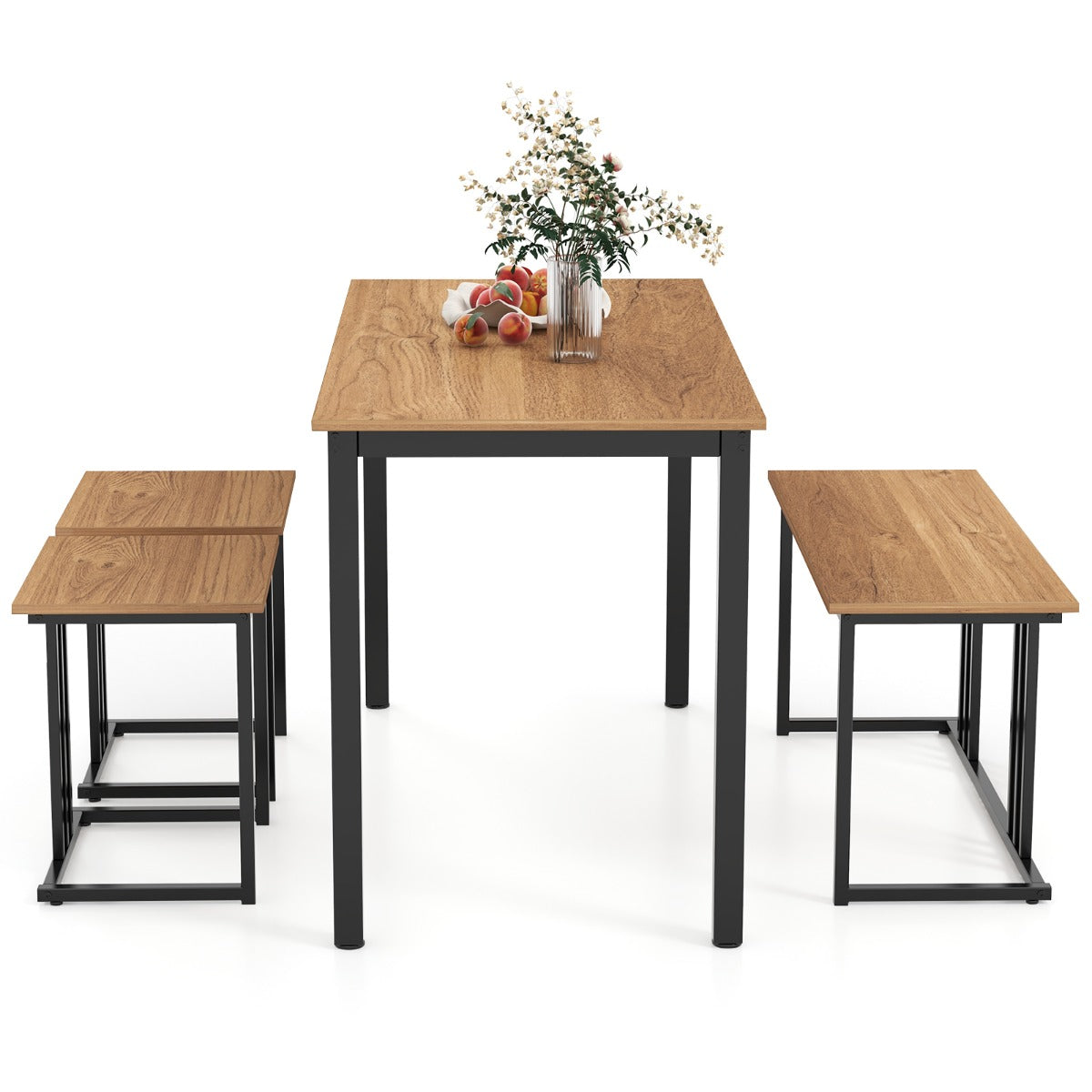LIVSK 4-delige Eettafelset - Ruime Tafel - Comfortabele Bank en Krukken - Duurzaam MDF en Metaal - Ideaal voor 4 Personen - Natuur