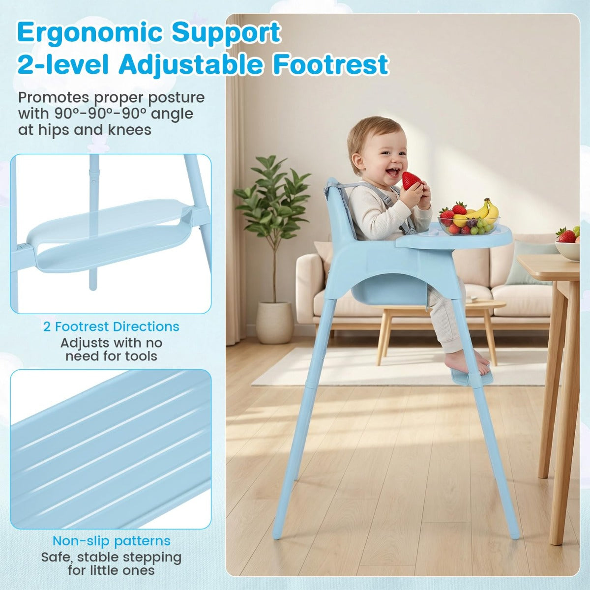 LIVSK 4-in-1 Kinderstoel - Omvormbaar Ontwerp - Dubbel Dienblad - Stabiele Structuur - Ergonomische Ondersteuning - Blauw
