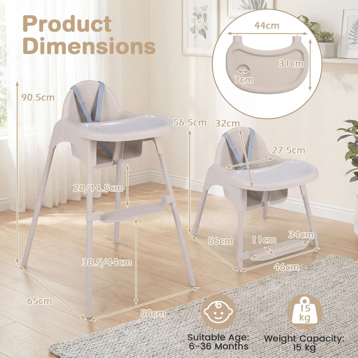 LIVSK 4-in-1 Kinderstoel - Verstelbaar Dubbellaags Dienblad - Ergonomische Ondersteuning - Veiligheidsgordel - Blauw/Kaki/Roze