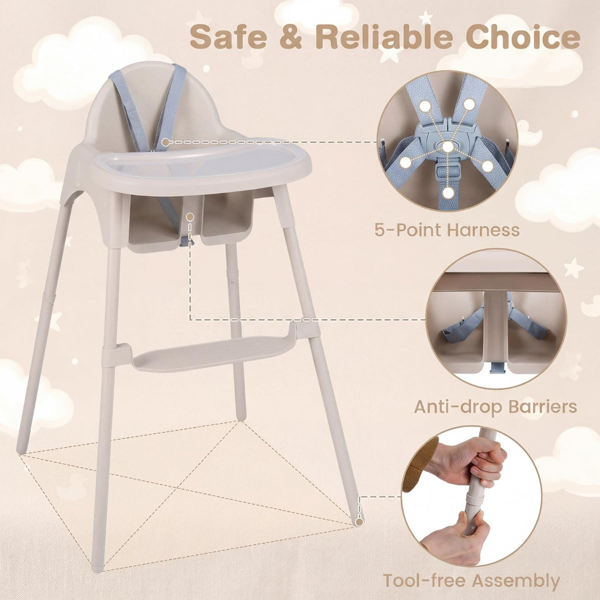 LIVSK 4-in-1 Kinderstoel - Verstelbaar Dubbellaags Dienblad - Ergonomische Ondersteuning - Veiligheidsgordel - Blauw/Kaki/Roze