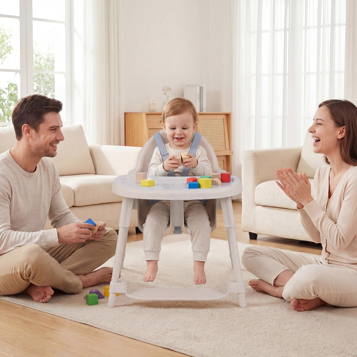 LIVSK 4-in-1 Kinderstoel - Verstelbaar Dubbellaags Dienblad - Ergonomische Ondersteuning - Veiligheidsgordel - Blauw/Kaki/Roze
