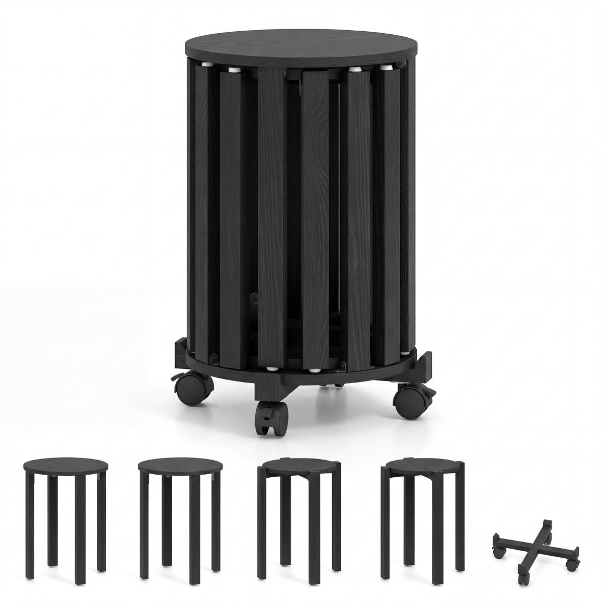 LIVSK 4-in-1 Stapelbare Set - 2 Grote & 2 Kleine Krukken - Onderstel met Wieltjes - Eenvoudige Montage - Wit/Zwart/Walnoot