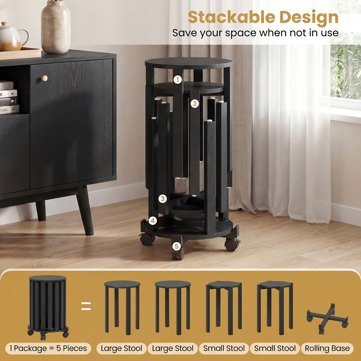 LIVSK 4-in-1 Stapelbare Set - 2 Grote & 2 Kleine Krukken - Onderstel met Wieltjes - Eenvoudige Montage - Wit/Zwart/Walnoot