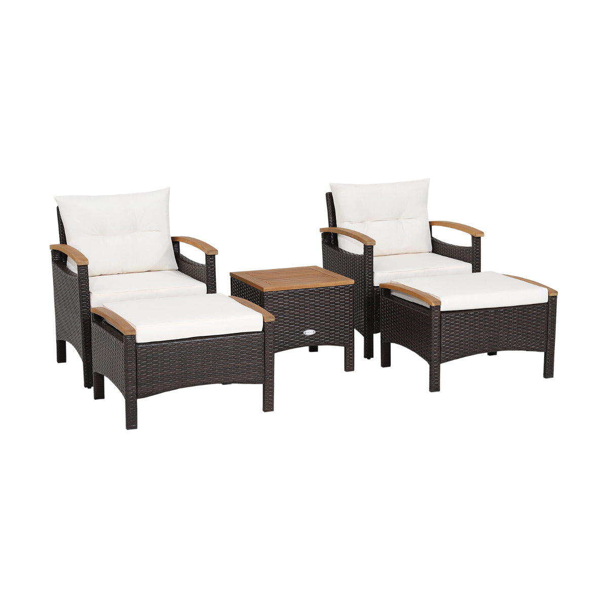 LIVSK 5-Delige Patio Rotan Set - Comfortabele Zitkussens - Duurzaam Acaciahout - Multifunctionele Poef - Buitengebruik