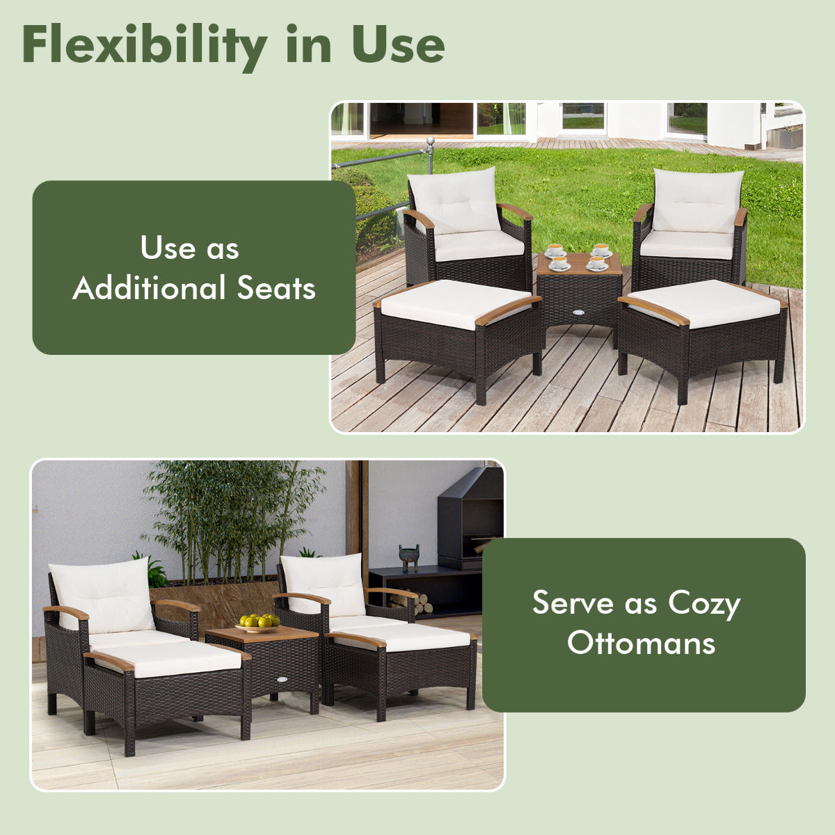 LIVSK 5-Delige Patio Rotan Set - Comfortabele Zitkussens - Duurzaam Acaciahout - Multifunctionele Poef - Buitengebruik