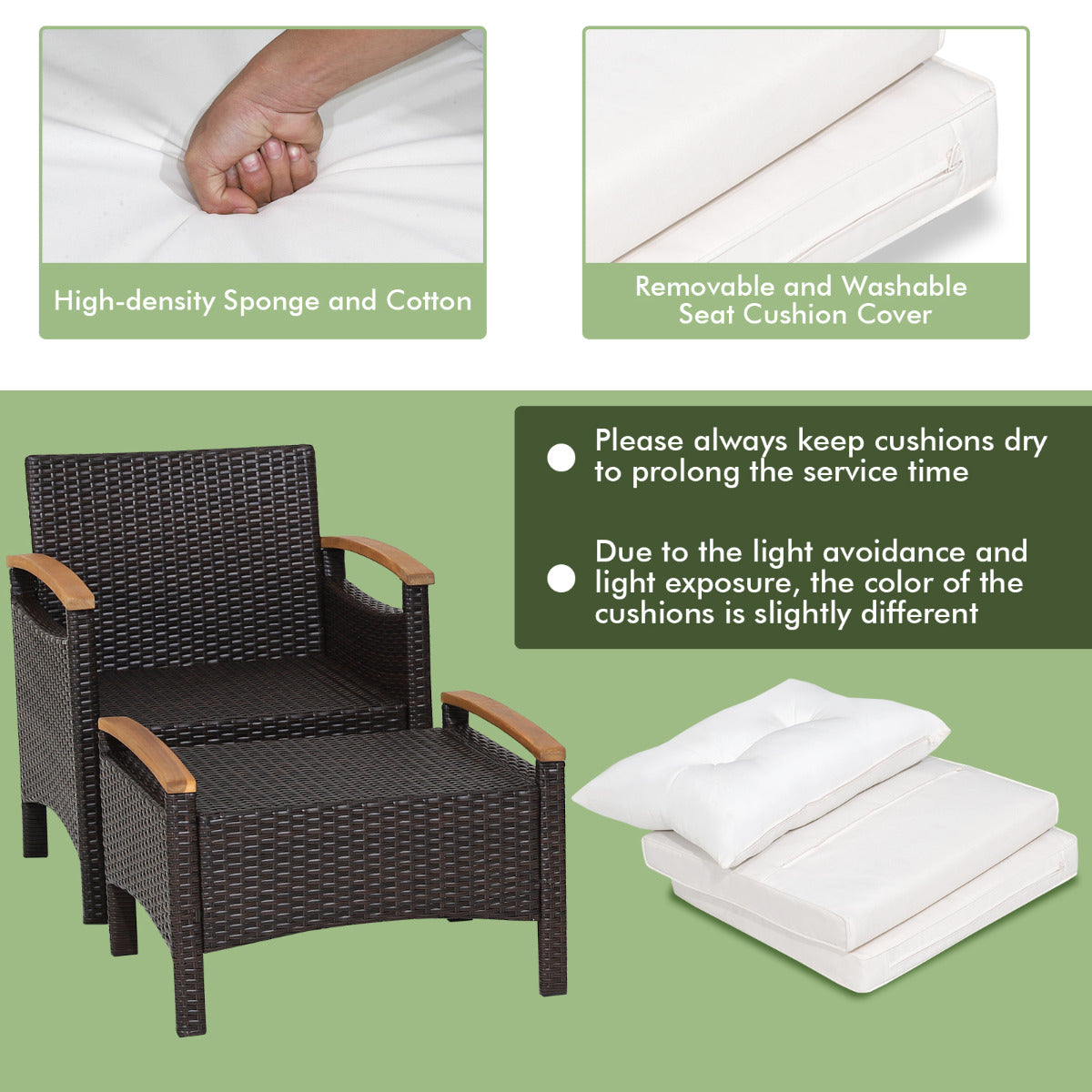LIVSK 5-Delige Patio Rotan Set - Comfortabele Zitkussens - Duurzaam Acaciahout - Multifunctionele Poef - Buitengebruik