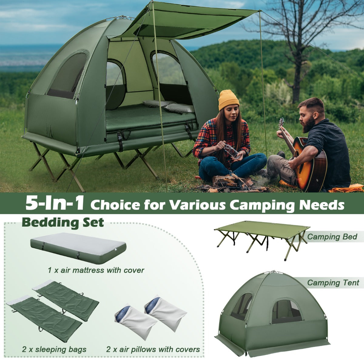 LIVSK 5-in-1 Kampeerbed - Tent voor 2 Personen - Opblaasbaar Matras & Kussens - Weerbestendig & Draagbaar - Groen