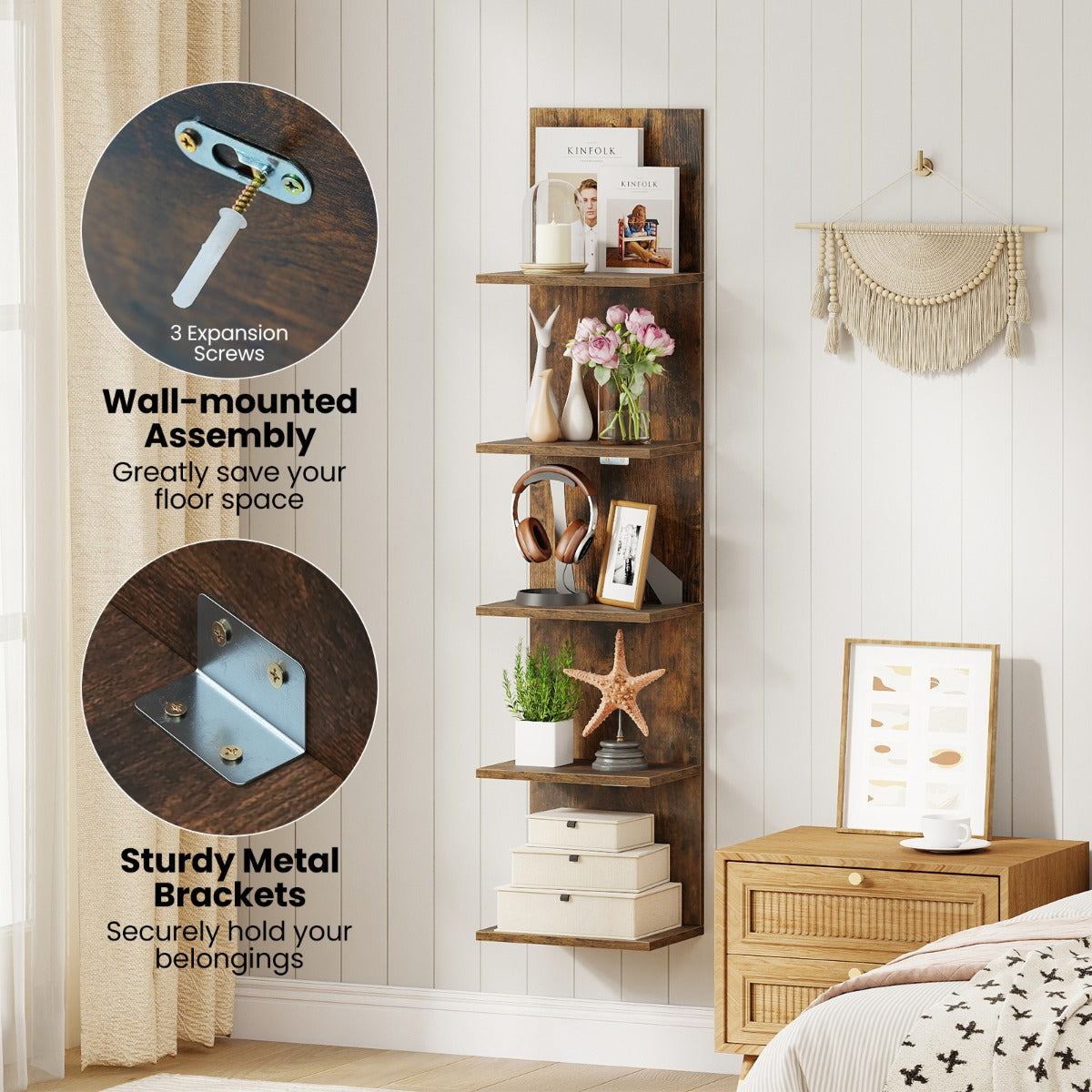 LIVSK 5-Laags Wandplank - Ruimtebesparend Ontwerp - Betrouwbare Houten Constructie - Voor Boeken en Decoraties - Rustiek Bruin/Wit