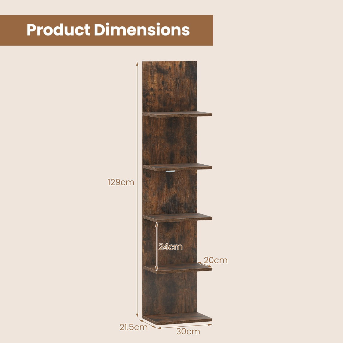 LIVSK 5-Laags Wandplank - Ruimtebesparend - Stevig Hout en Metaal - Voor Boeken en Decoratie - Rustiek Bruin/Wit