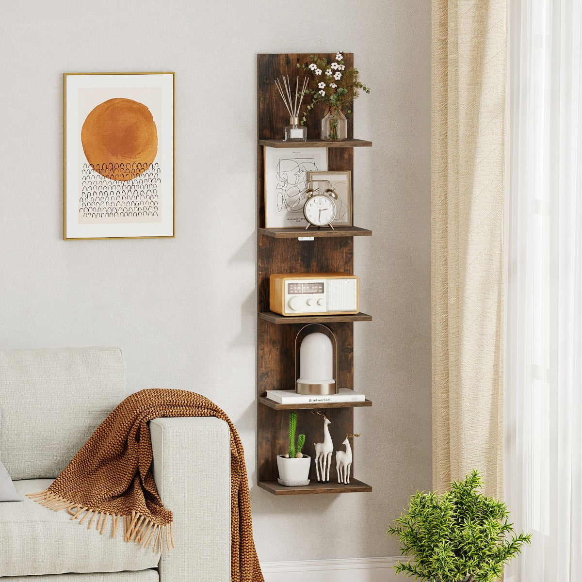 LIVSK 5-Laags Wandplank - Ruimtebesparend - Stevig Hout en Metaal - Voor Boeken en Decoratie - Rustiek Bruin/Wit