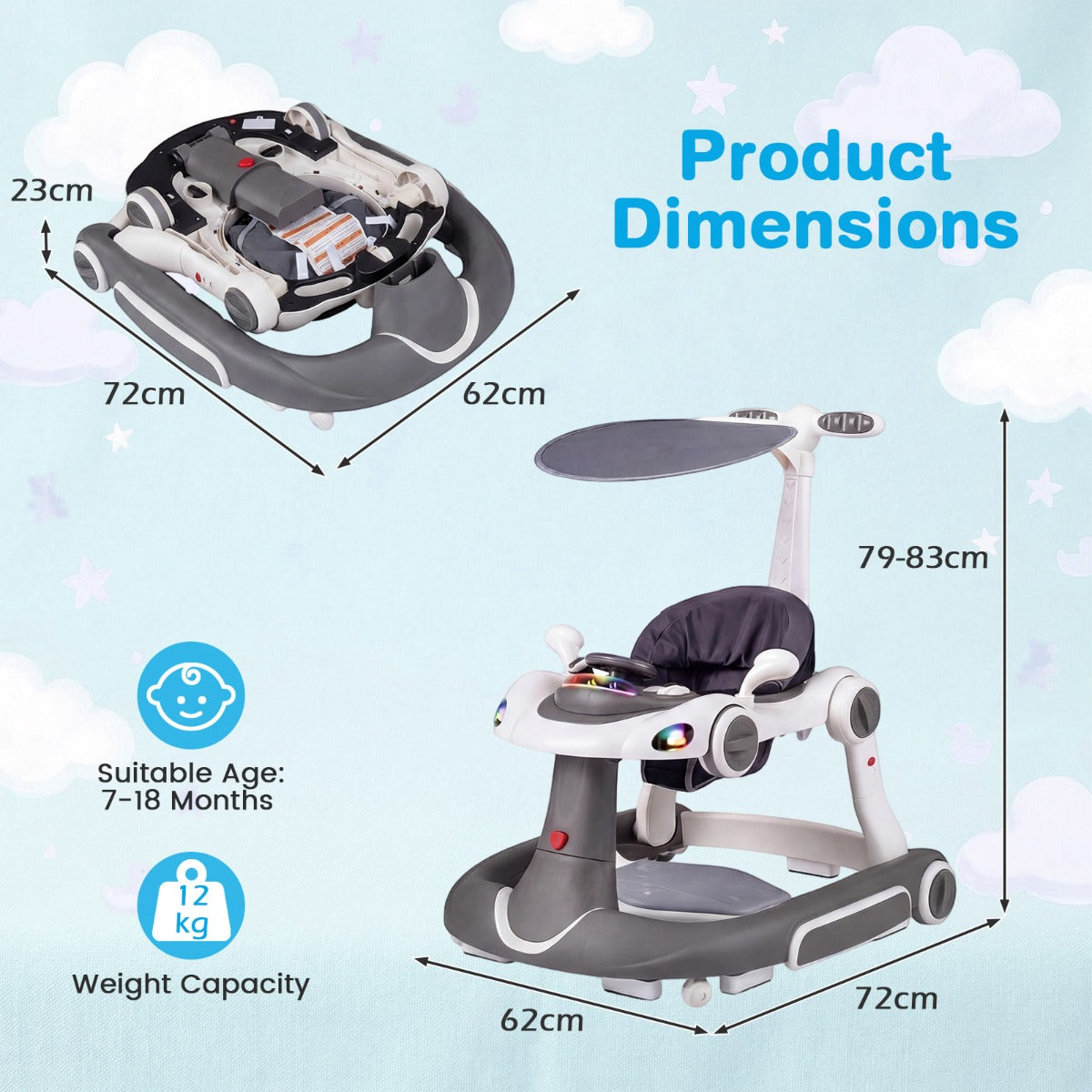 LIVSK 7-in-1 Babywalker - Verstelbare Hoogte - Interactief Speelplatform - Veilig Ontwerp - Geschikt voor 6-18 maanden -