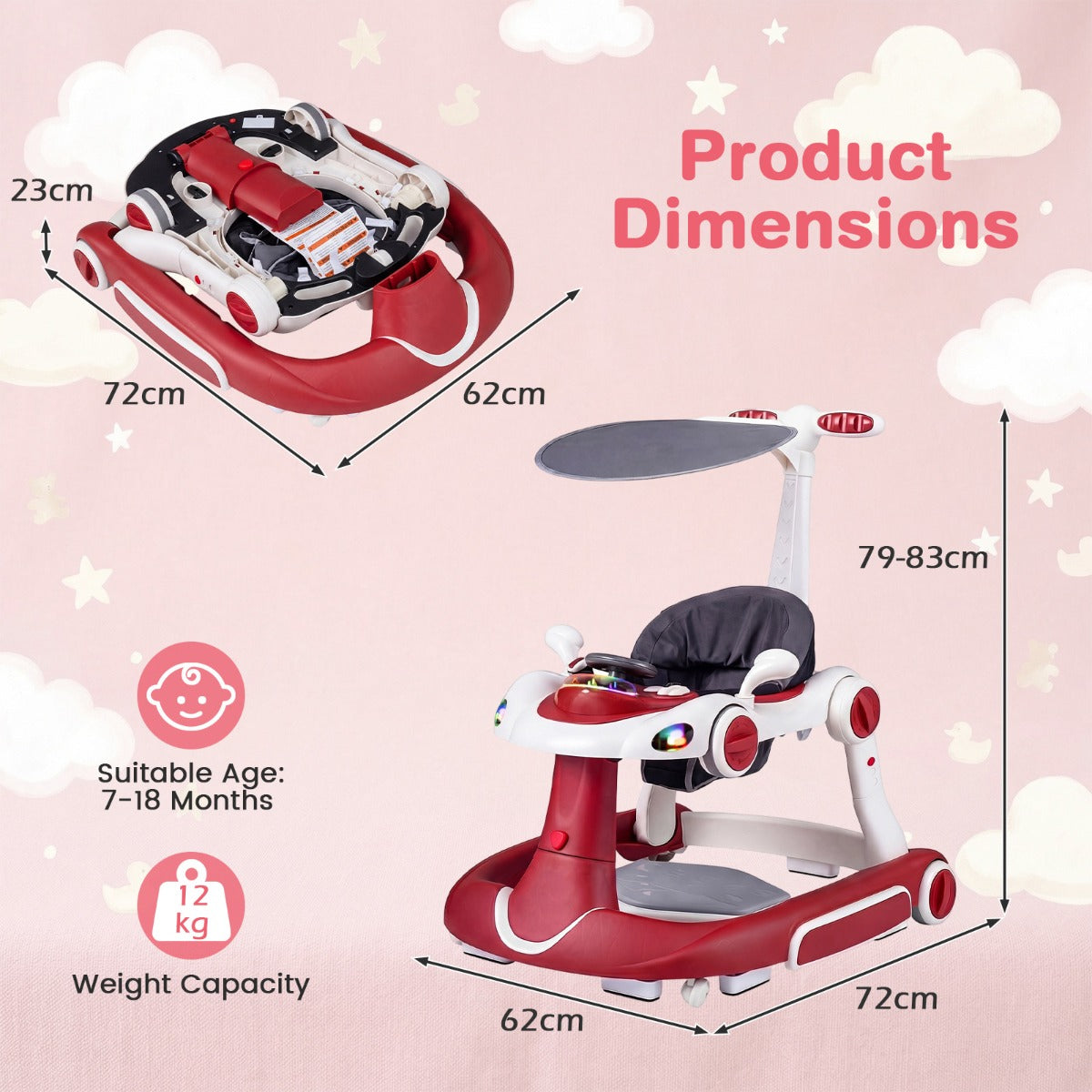 LIVSK 7-in-1 Babywalker - Verstelbare Hoogte - Veiligheidsfuncties - Interactief Speelplatform - Geschikt voor 6-18 maanden -