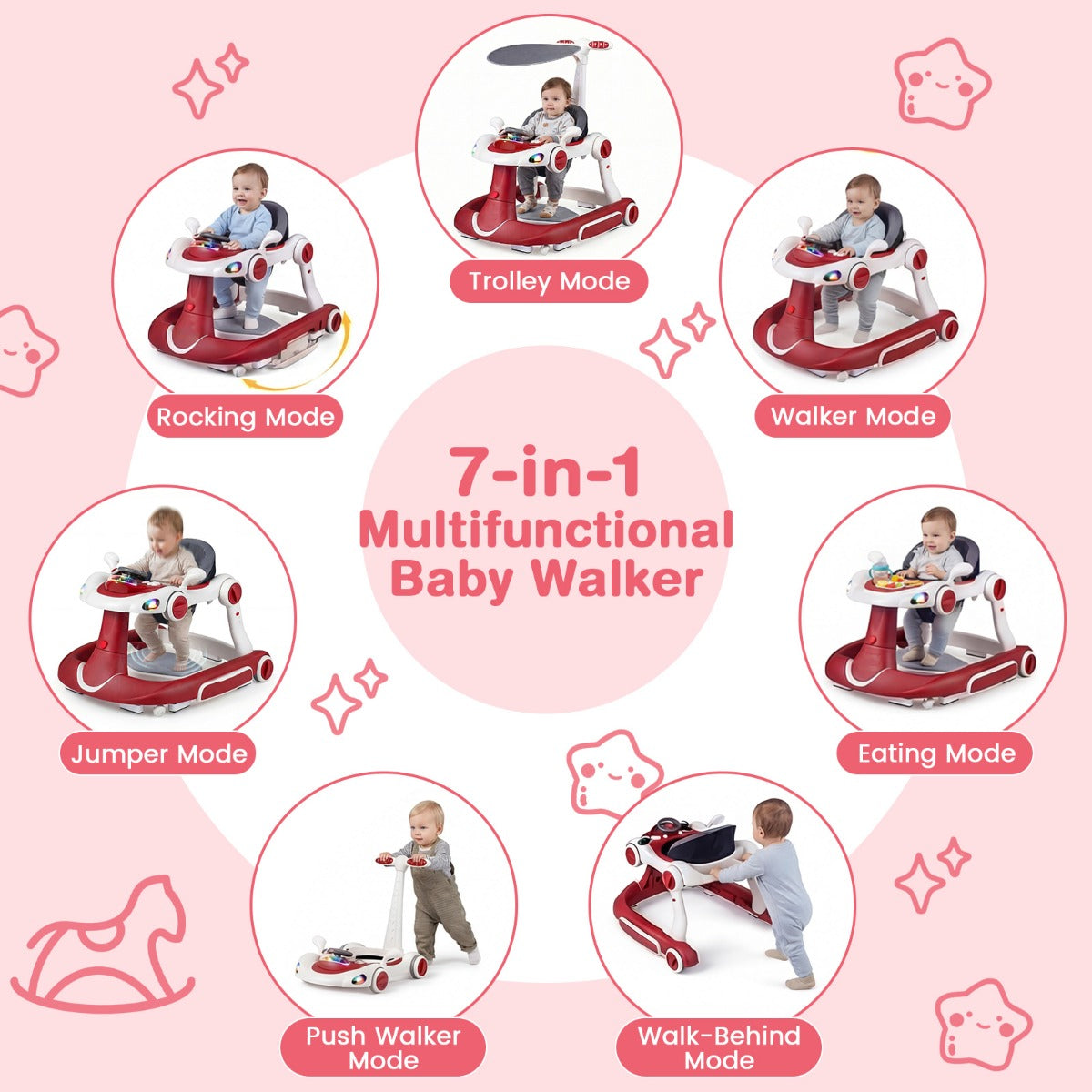LIVSK 7-in-1 Babywalker - Verstelbare Hoogte - Veiligheidsfuncties - Interactief Speelplatform - Geschikt voor 6-18 maanden -