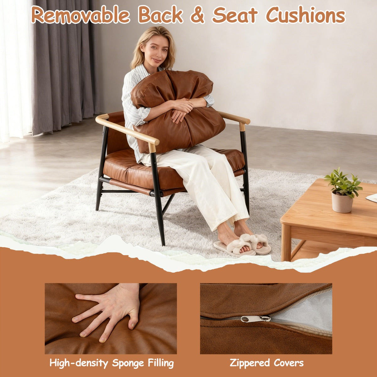 LIVSK Accentstoel - Kunstleren Bekleding - Afneembare Kussens - Ergonomisch Ontwerp - Robuust Metalen Frame - Bruin
