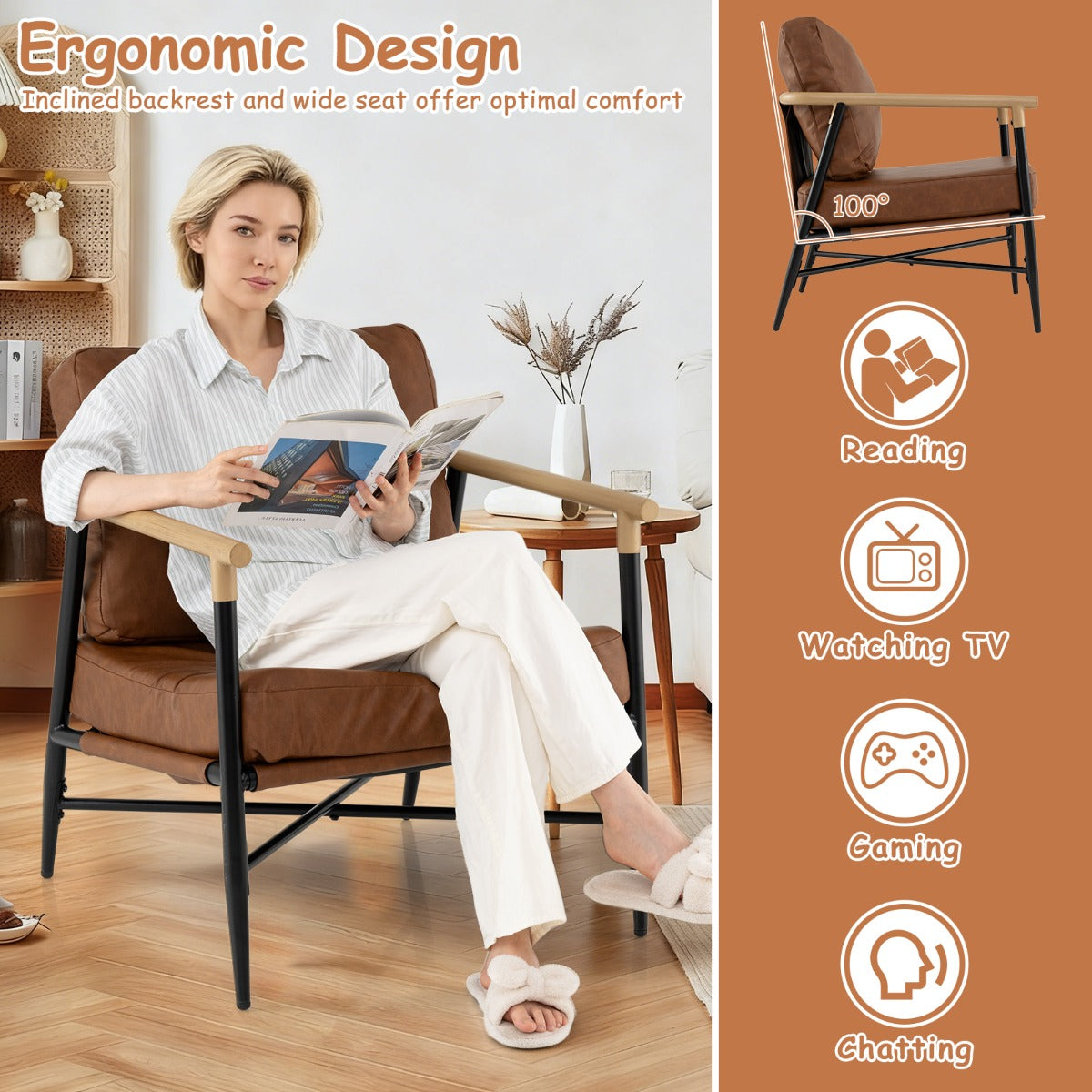 LIVSK Accentstoel - Kunstleren Bekleding - Afneembare Kussens - Ergonomisch Ontwerp - Robuust Metalen Frame - Bruin