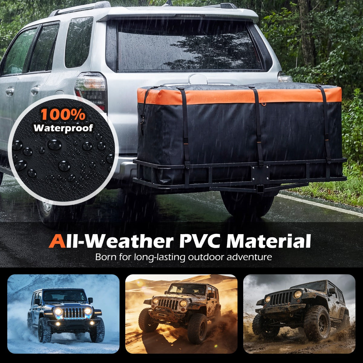 LIVSK Achterkoffer voor Auto - Waterdicht PVC - Ruime Capaciteit 255L/455L/566L - Versterkte Riemen - Oranje+Zwart