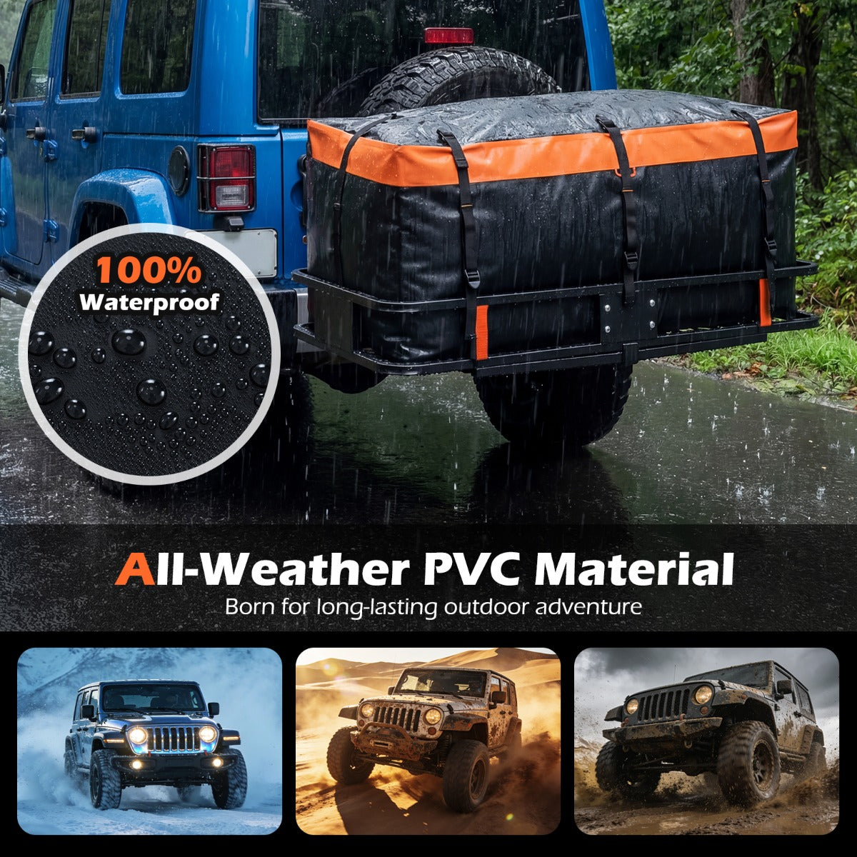 LIVSK Achterkoffer - Waterdicht PVC - Ruime Capaciteit 255L/455L/566L - Versterkte Bevestigingsriemen - Oranje+Zwart