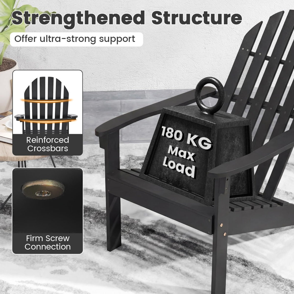 LIVSK Adirondack Stoel - Massief Acaciahout - Ergonomisch Ontwerp - Draagvermogen tot 180 kg - Voor Buiten - Naturel/Zwart