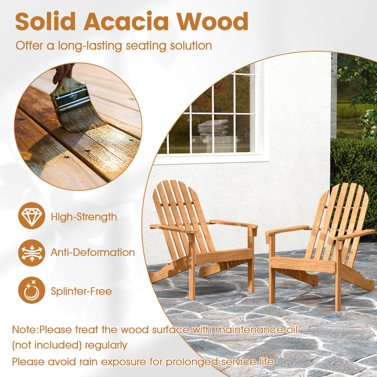 LIVSK Adirondack Stoel - Massief Acaciahout - Ergonomische Rugleuning - Robuuste Constructie - Ideaal voor Buiten - Naturel