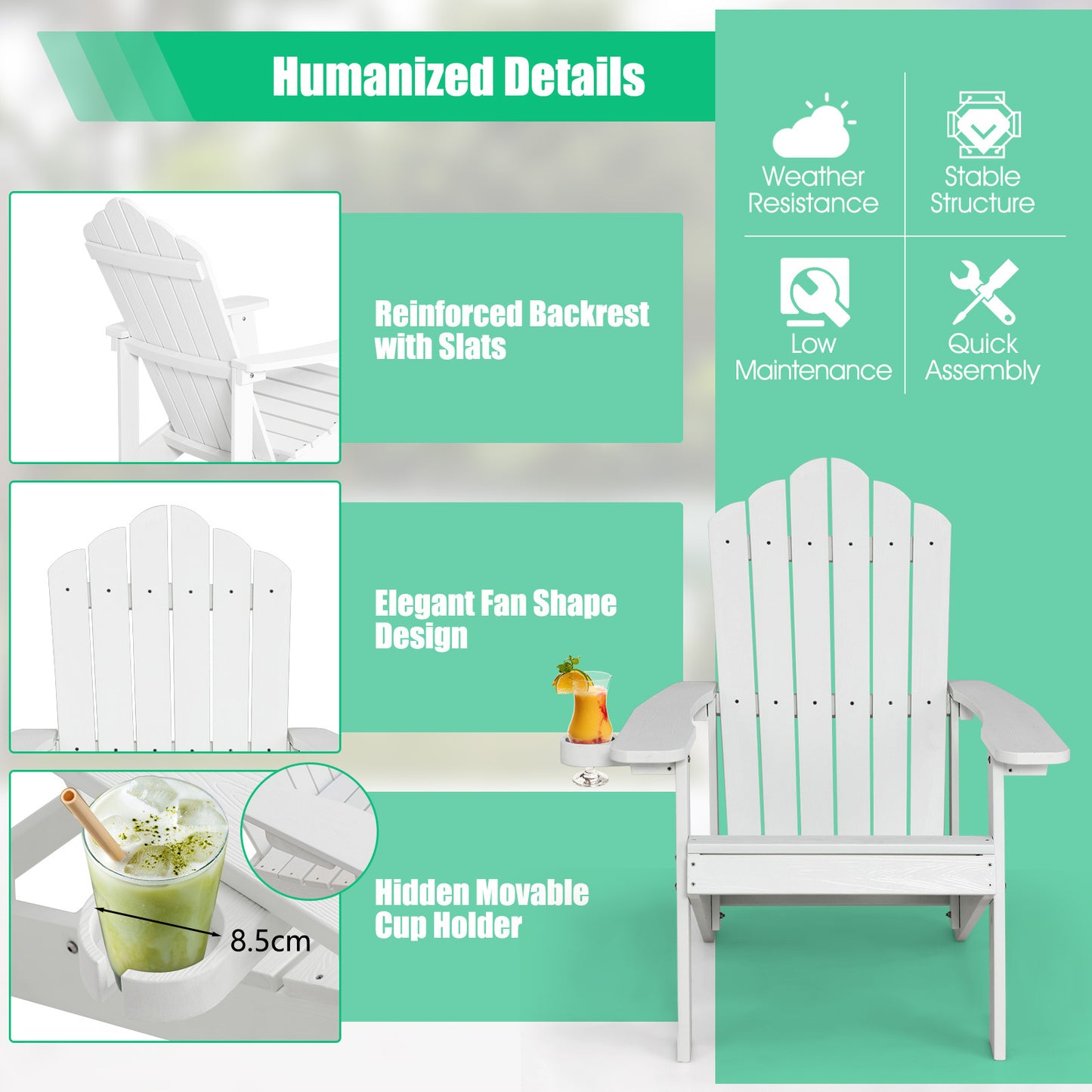 LIVSK Adirondack Stoelen - Ergonomisch Design - Weerbestendig HIPS - Bekerhouder - Draagvermogen 170 kg - Zwart