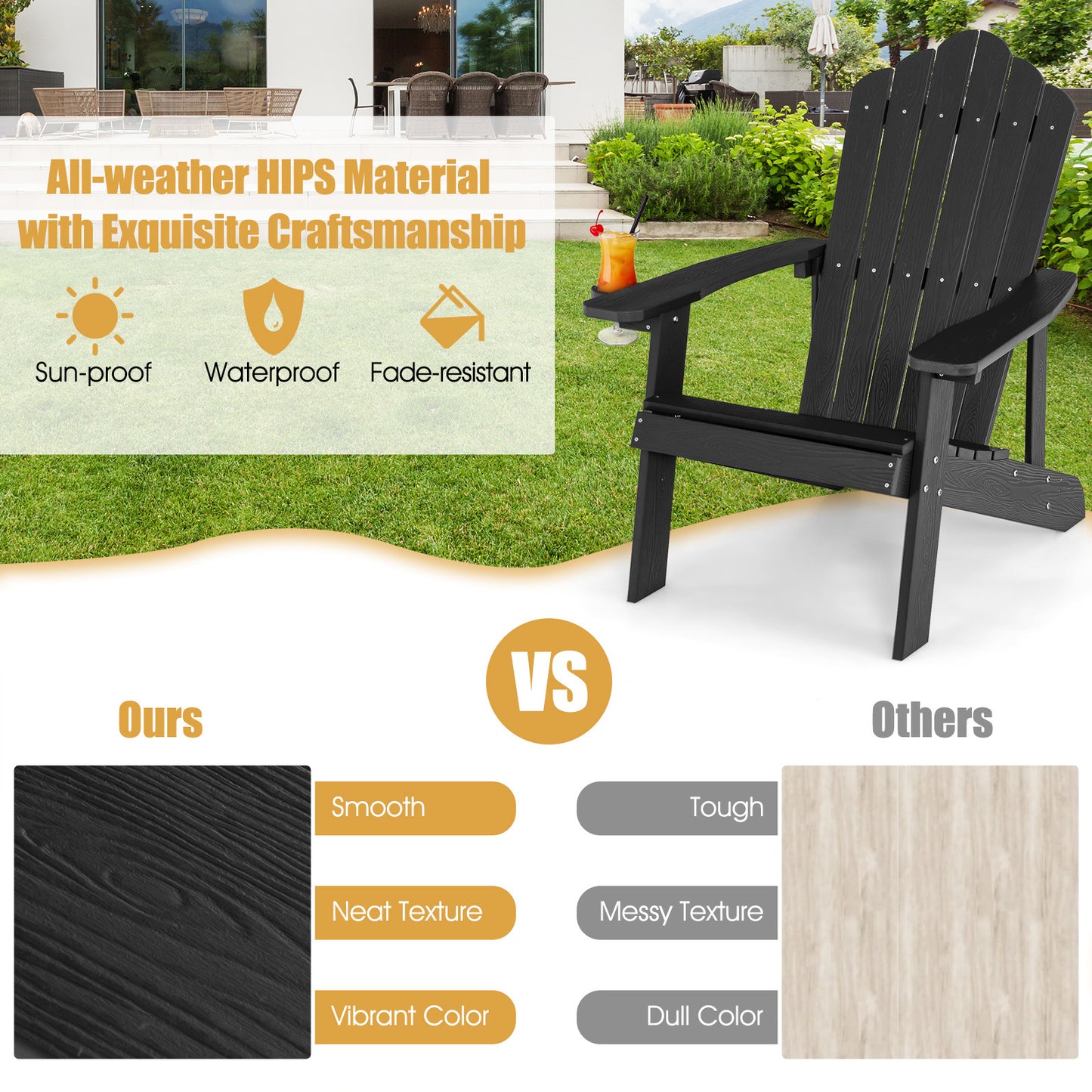 LIVSK Adirondack-stoelen - Weerbestendig HIPS-materiaal - Ergonomische Zitting - Draaibare Bekerhouder - Zwart