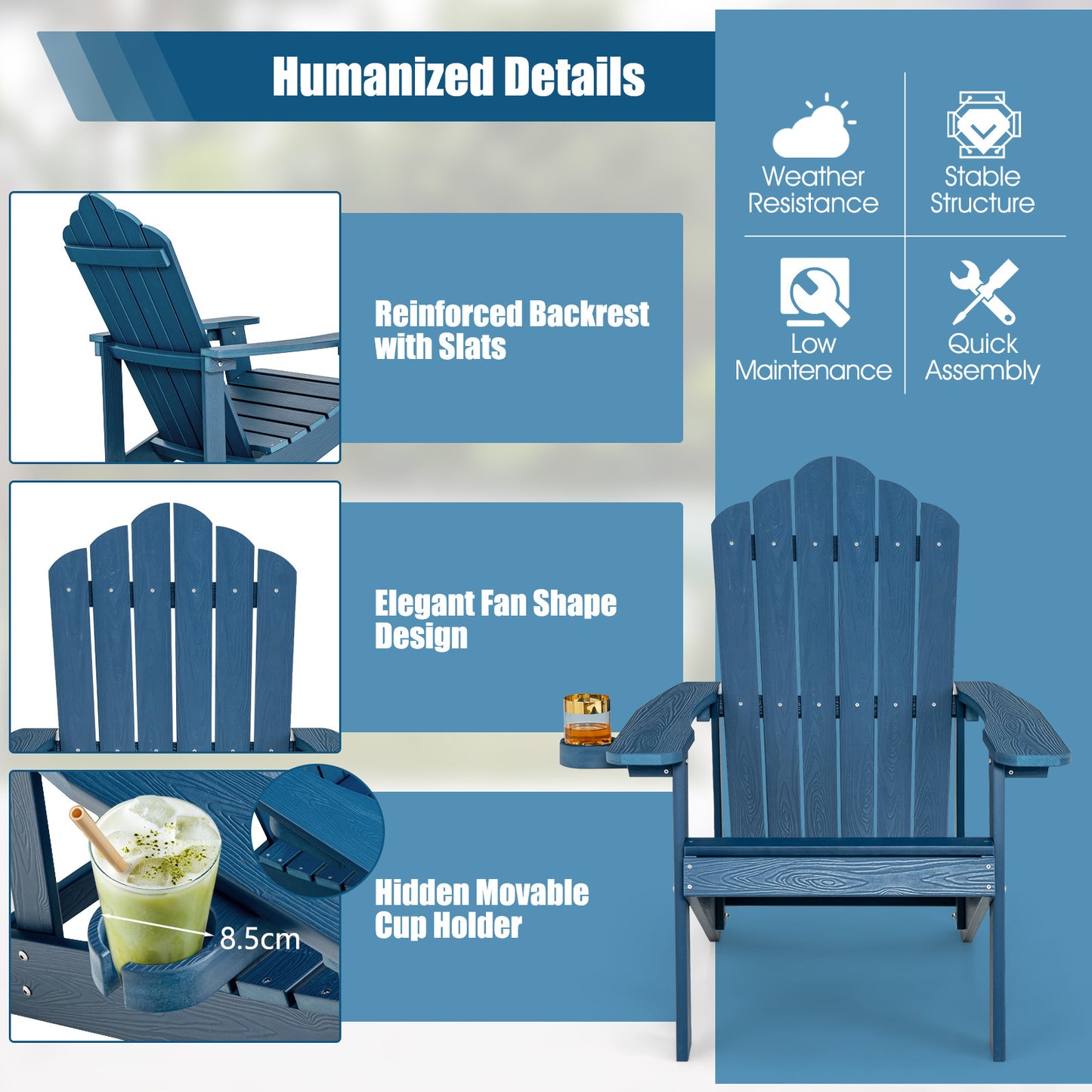LIVSK Adirondack-stoelen - Weerbestendig HIPS-materiaal - Ergonomische Zitting - Draaibare Bekerhouder - Zwart, Marineblauw, Wit,