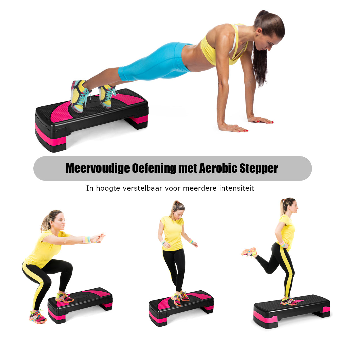LIVSK Aerobe Stepper - Antislip Ontwerp - Verstelbare Hoogtes - Stevig PP Materiaal - Capaciteit 250 kg - Zwart + Roze