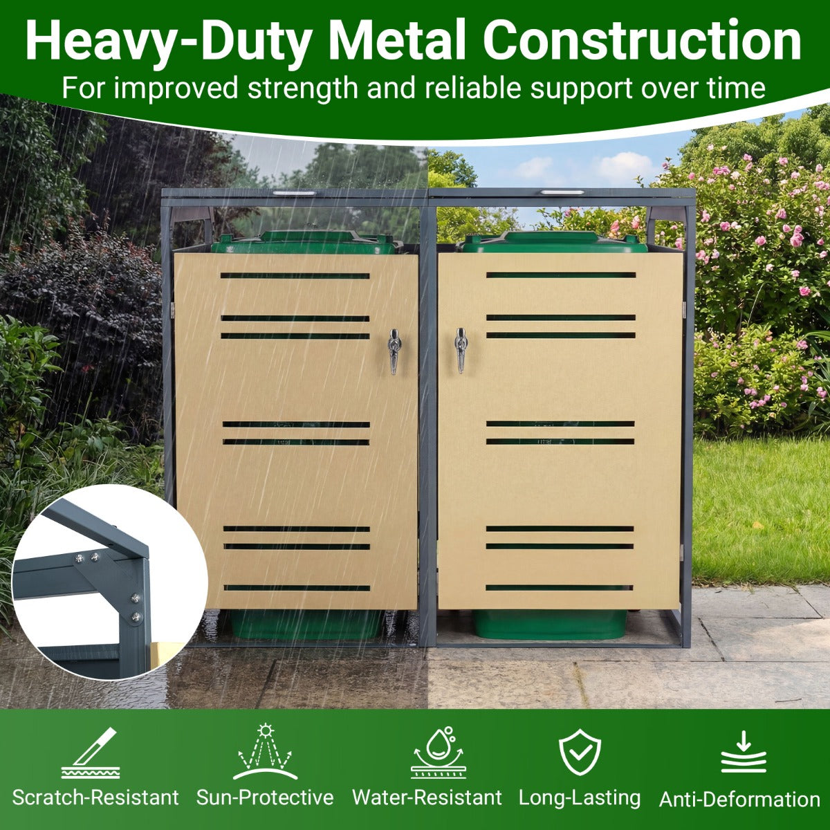 LIVSK Afvalcontainerbox - Robuuste Metalen Constructie - Ruimte voor 2 Vuilnisbakken - Afsluitbare Deuren - Grijs & Geel
