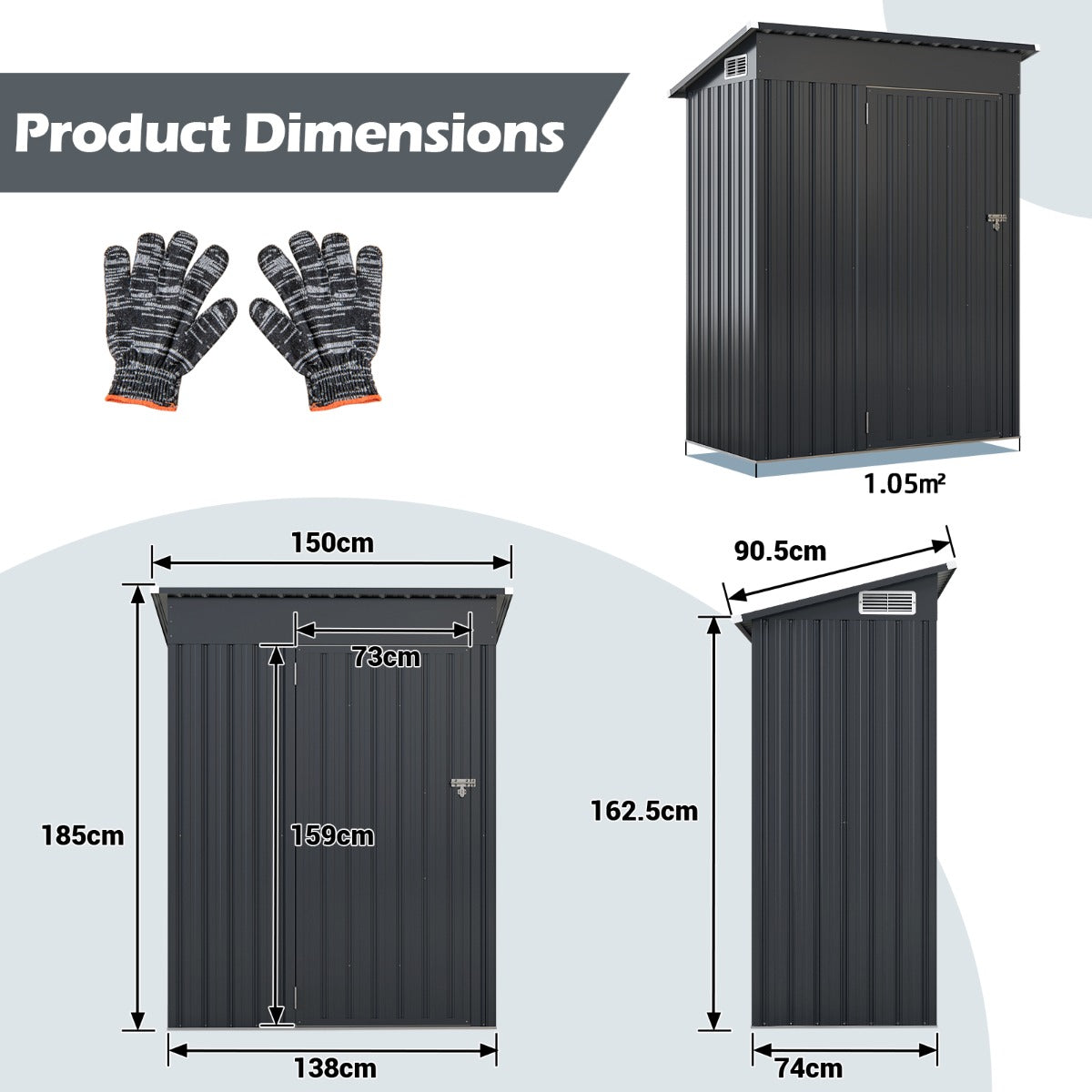 LIVSK all-weather opslagschuur 150 x 90,5 x 185 cm - Verzinkt staal - Ventilatieroosters - Praktische deur - Donkergrijs
