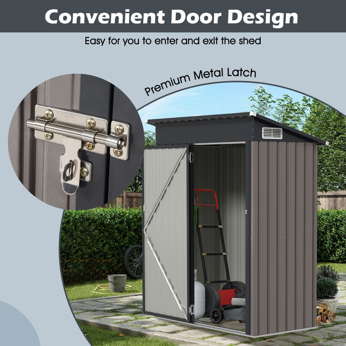 LIVSK all-weather opslagschuur - Duurzaam verzinkt ijzer - Schuin dak met ventilatie - 1,5 m³ - 150 x 90,5 x 185 cm - Lichtgrijs