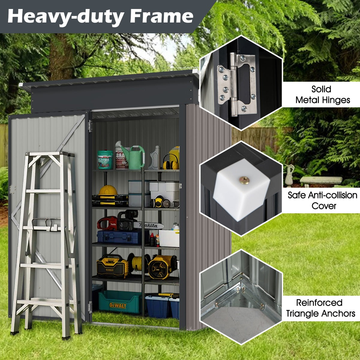 LIVSK all-weather opslagschuur - Duurzaam verzinkt ijzer - Schuin dak met ventilatie - 1,5 m³ - 150 x 90,5 x 185 cm - Lichtgrijs