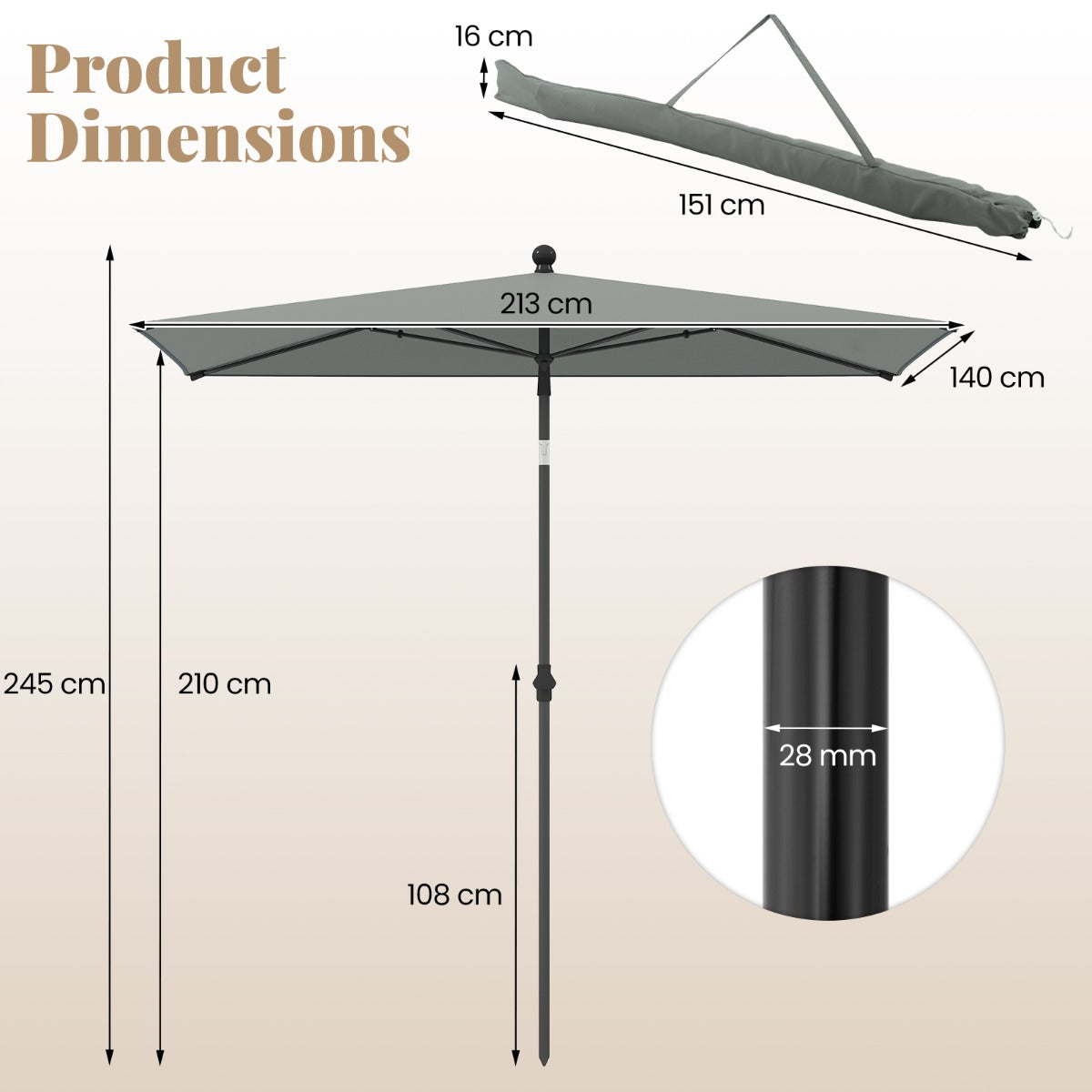LIVSK Balkon Parasol - Hoogwaardig Polyester - Drukknop Kanteling - Eenvoudige Opbouw - Inclusief Draagtas - Grijs