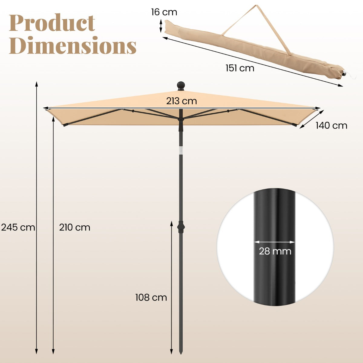 LIVSK Balkon Parasol - Rechthoekig - Polyester met Zilvercoating - Drukknop Kanteling - Draagbaar Ontwerp - Beige