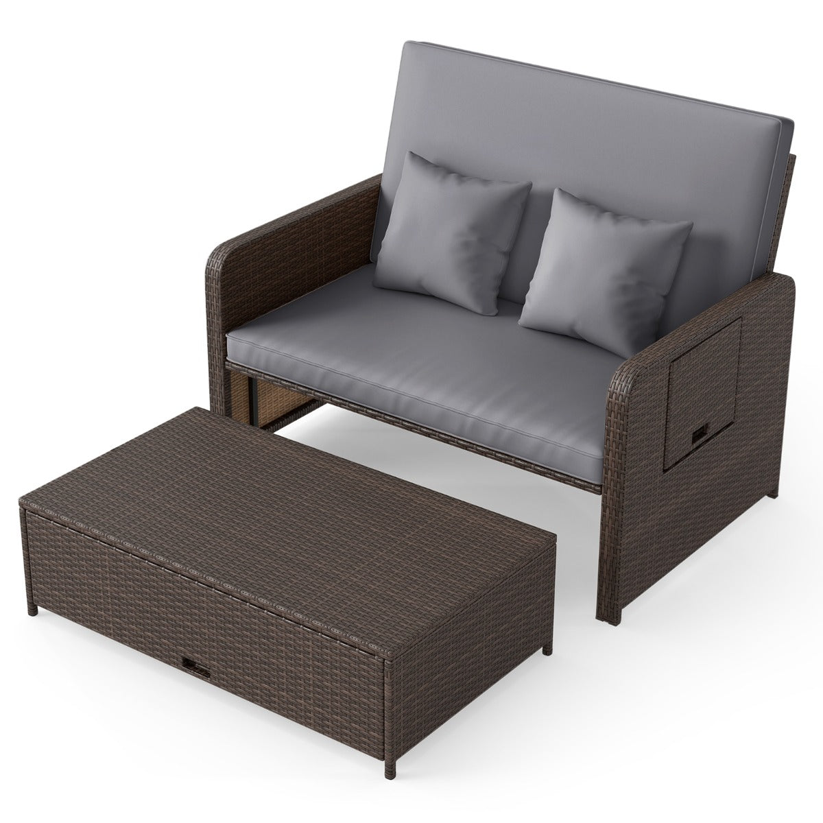 LIVSK Balkonmeubelset - 4-Voudig Verstelbare Rugleuning - PE-Rotan - Multifunctionele Poef - Tot 360 kg - Mix Bruin / Mix Grijs