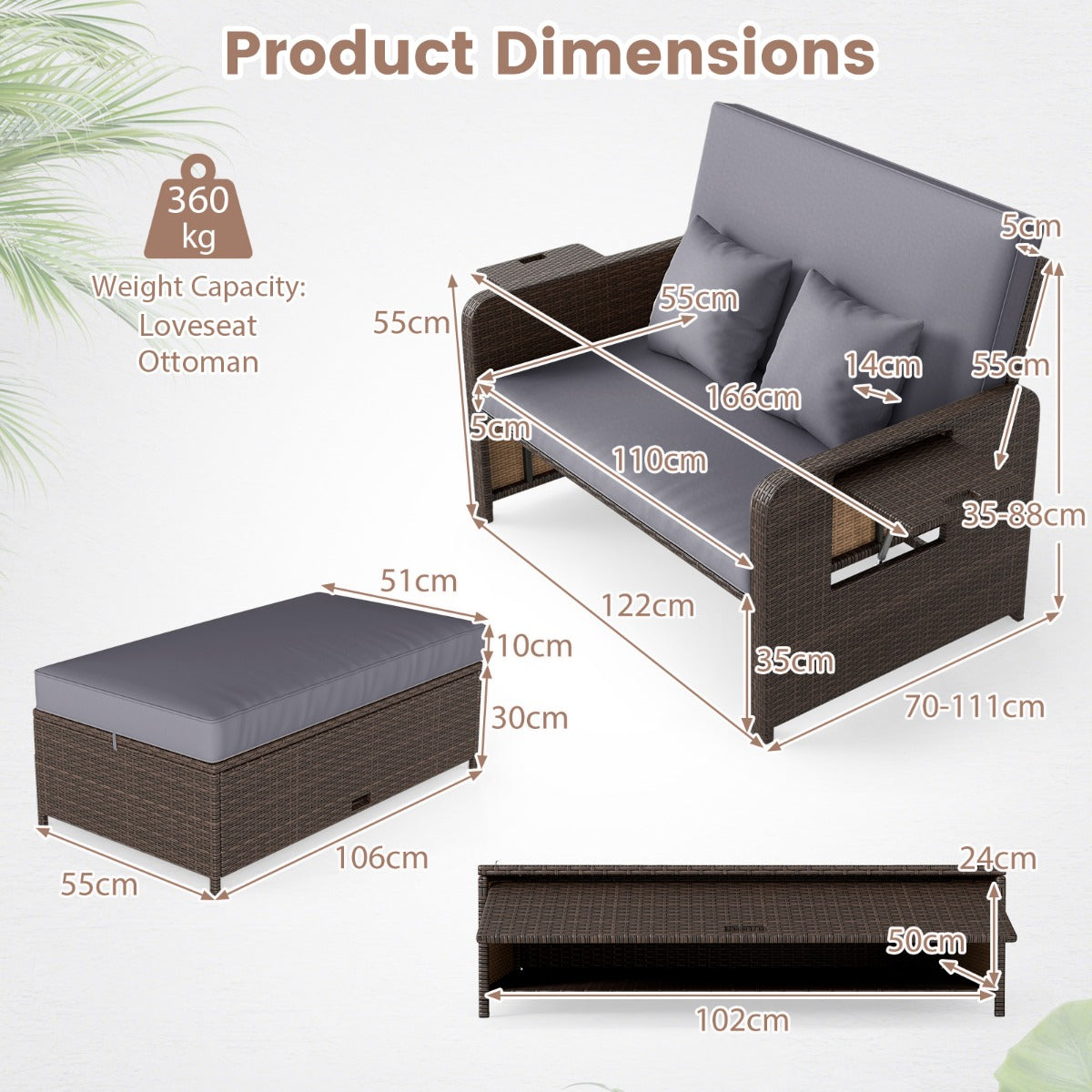 LIVSK Balkonmeubelset - 4-Voudig Verstelbare Rugleuning - PE-Rotan - Multifunctionele Poef - Tot 360 kg - Mix Bruin / Mix Grijs