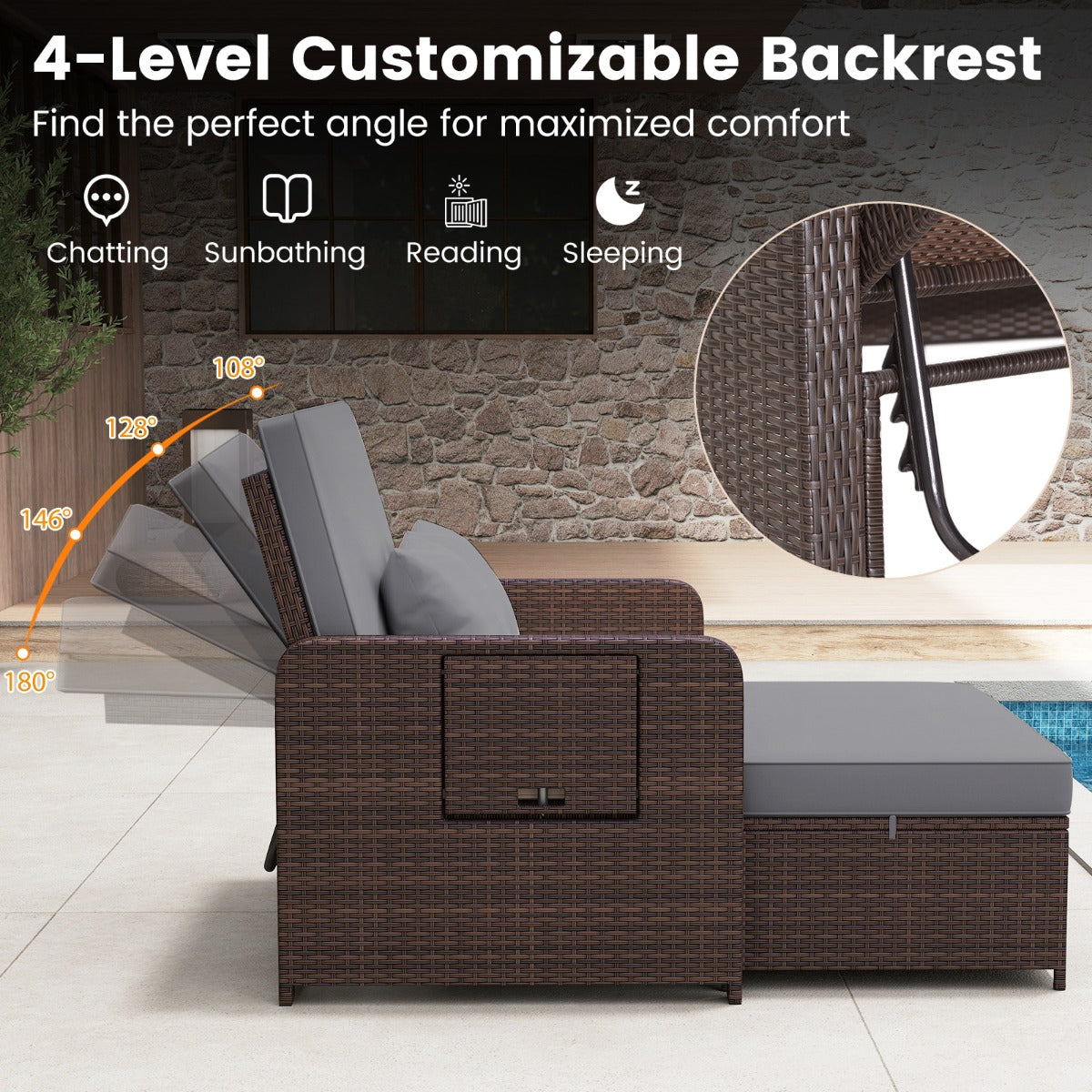 LIVSK Balkonmeubelset - 4-Voudig Verstelbare Rugleuning - PE-Rotan - Multifunctionele Poef - Tot 360 kg - Mix Bruin / Mix Grijs