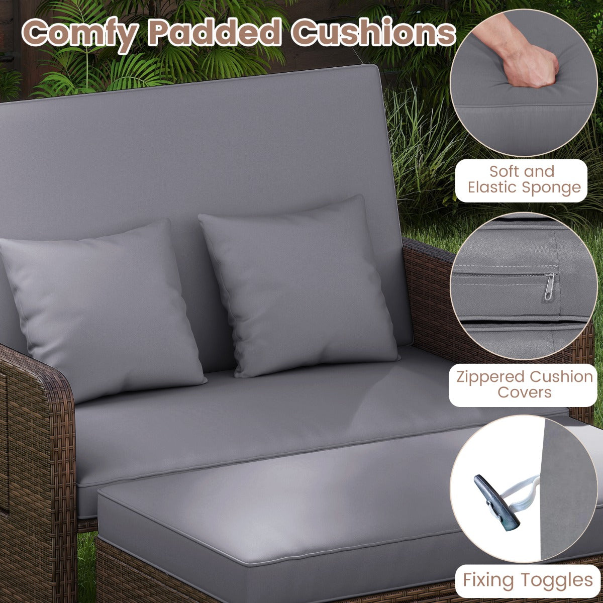 LIVSK Balkonmeubelset - 4-Voudig Verstelbare Rugleuning - PE-Rotan - Multifunctionele Poef - Tot 360 kg - Mix Bruin / Mix Grijs