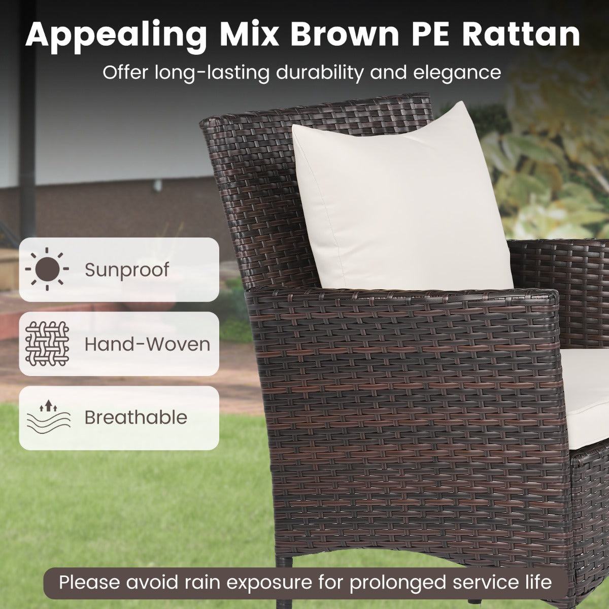 LIVSK Balkonmeubelset - Handgeweven PE-Rotan - Ergonomische Fauteuils - Stabiel Metalen Frame - Mix Bruin